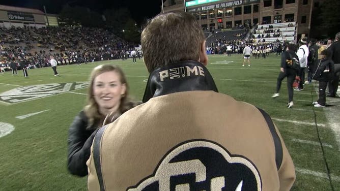 Colorado AD Rick George Shows Off His New Deion Sanders Jacket, during Friday's game against Stanford.
Courtesy of Colorado Athletics