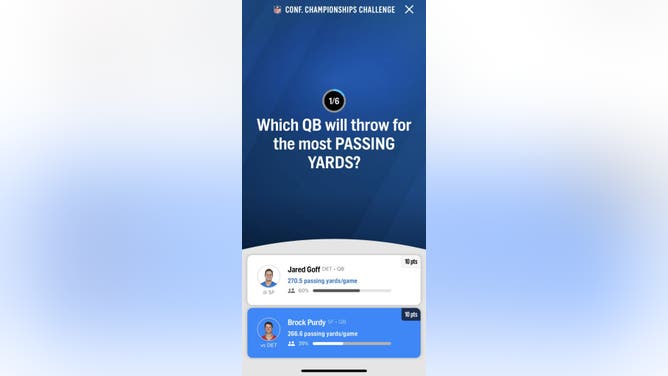 Question #1 in the FOX Super 6 NFL contest for the conference championships courtesy of the FOX Sports App.
