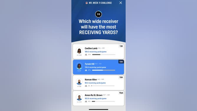 The 1st question in the FOX Super 6 NFL contest for Week 11 courtesy of the FOX Sports App.