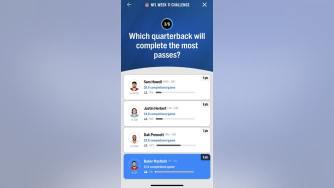 The 3rd question in the FOX Super 6 NFL contest for Week 11 courtesy of the FOX Sports App.