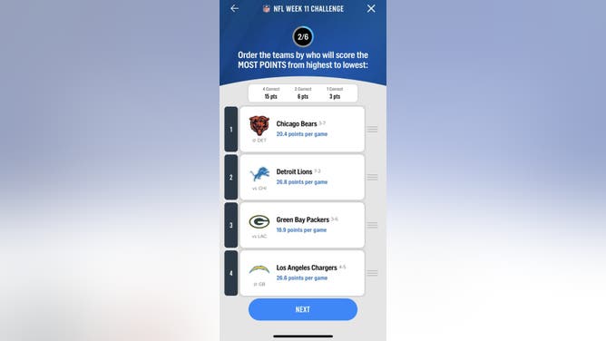 Question #2 in the FOX Super 6 NFL contest for Week 11 courtesy of the FOX Sports App.
