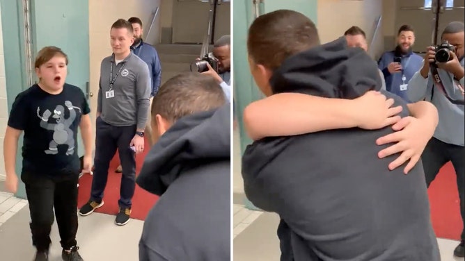 Jordan Poyer surprises boy at school