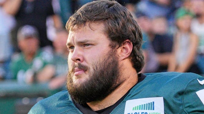 Eagles guard Josh Sills during training camp on Aug. 7, 2022, at Lincoln Financial Field in Philadelphia.