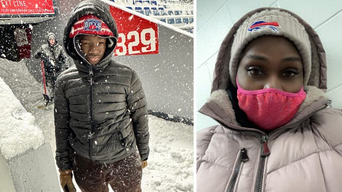 Mother son Bills snow shovelers
