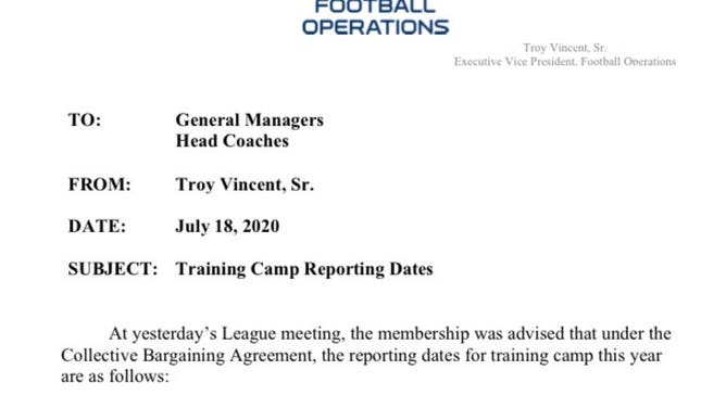 NFL training camp memo