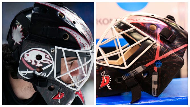 Devon Levi wearing a custom mask (Photo Credit: @BuffaloSabres on Twitter)