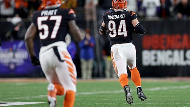 Sam Hubbard of the Bengals runs 98 yards for a touchdown after recovering a fumble by Tyler Huntley of the Baltimore Ravens at Paycor Stadium on Jan. 15, 2023, in Cincinnati.