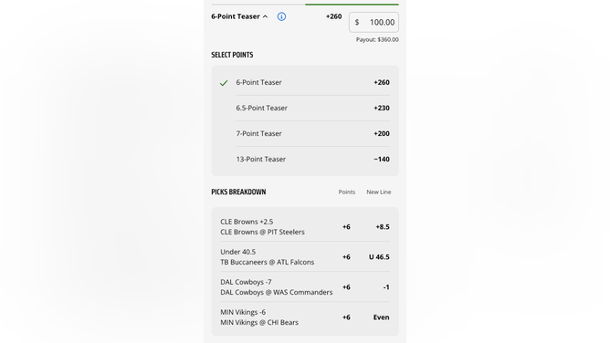 A four-team, 6-Point NFL Week 18 teaser bet slip from DraftKings Sportsbook as of Saturday, Jan. 7th at 4 p.m. ET.