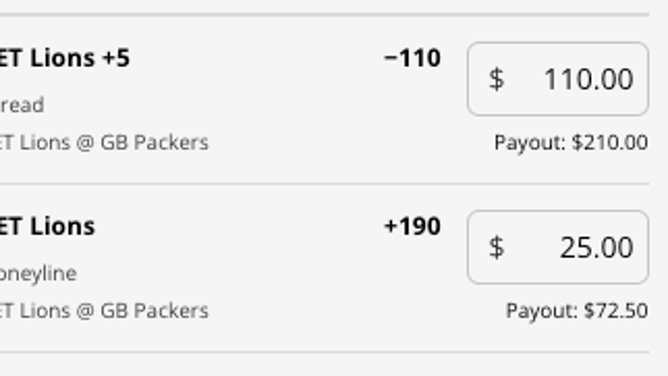 The Detroit Lions' odds at the Green Bay Packers from DraftKings Sportsbook as of Sunday, Jan. 8th at 11 a.m. ET.