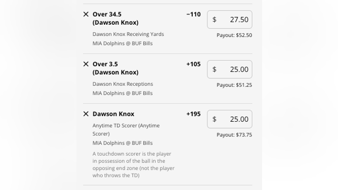 Buffalo Bills tight end Dawson Knox's receiving yards, receptions and anytime touchdown player props from DraftKings Sportsbook as of Thursday, Jan. 12th at 3:15 p.m. ET.