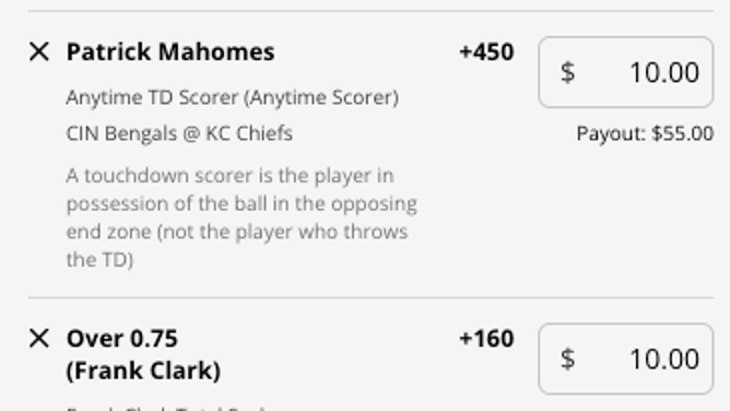 Geoff Clark's bet slip from DraftKings Sportsbook for the Cincinnati Bengals at Kansas City Chiefs 2023 AFC title game as of Saturday, Jan. 28th at 2 p.m. ET.