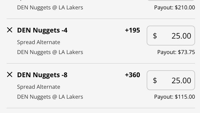 The Denver Nuggets' full-game odds and their alternate spreads in Game 4 vs. the Los Angeles Lakers from DraftKings as of 10:30 a.m. ET Monday, May 22nd.