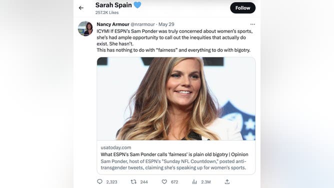 ESPN personality Sarah Spain likes tweet saying that ESPN personality Sam Ponder engages in