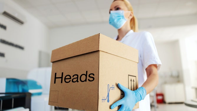e9cc7a3b-Smiling blond female lab assistant standing and holding box with medicines and vaccine.