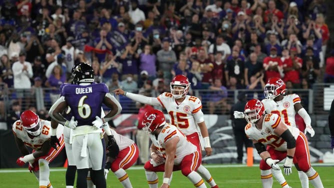 Kansas City Chiefs QB Patrick Mahomes directs the offense presnap against the Baltimore Ravens at M&T Bank Stadium.