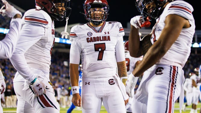 South Carolina Gamecocks WR Antwane Wells Jr. celebrates with QB Spencer Rattler after scoring a TD vs. the Kentucky Wildcats.