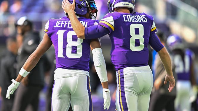 Vikings WR Justin Jefferson and QB Kirk Cousins warm up before the game vs. the Chicago Bears at U.S. Bank Stadium in Minneapolis.