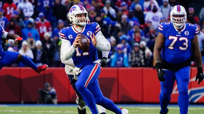 Bills QB Josh Allen rolls out vs. the New England Patriots at Highmark Stadium.