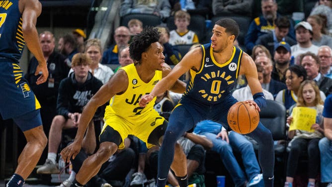 Indiana Pacers PG Tyrese Haliburton backs down Utah Jazz SG Collin Sexton at Gainbridge Fieldhouse in Indianapolis.