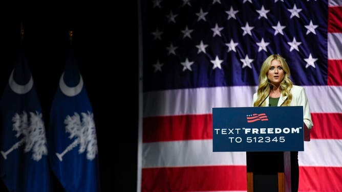 Riley Gaines, American competitive swimmer, speaks before Florida Governor and presidential candidate Ron DeSantis at the Greenville Convention Center.