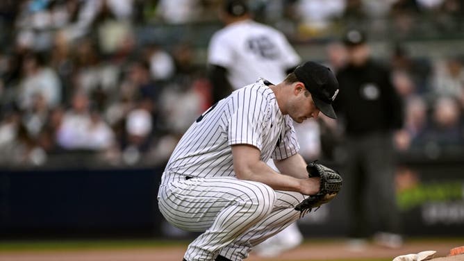 Yankees starting pitcher Gerrit Cole gathers his thoughts before taking the mound against the Red Sox at Yankee Stadium.