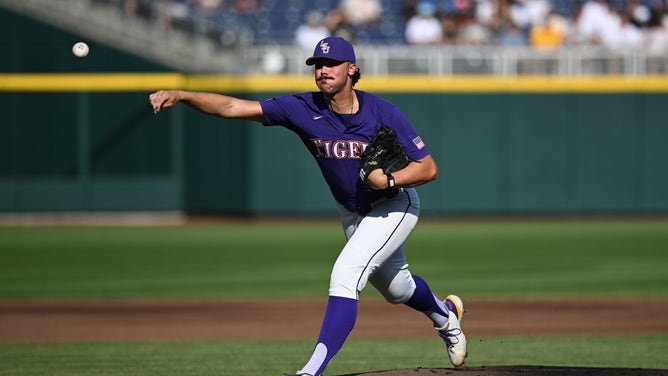 LSU starter Paul Skenes throws against the Wake Forest Demon Deacons at Charles Schwab Field in Omaha.