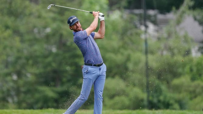 Sam Ryder tees off the 9th hole during the 3rd round of 2023 Rocket Mortgage Classic at Detroit Golf Club.