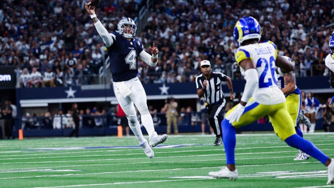 Dallas Cowboys QB Dak Prescott throws a TD on the Los Angeles Rams at AT&T Stadium in Arlington, Texas