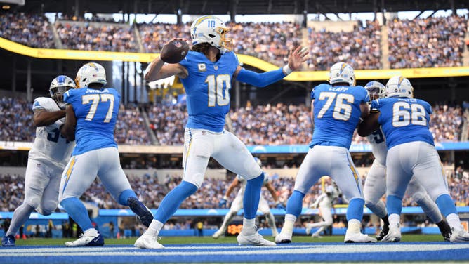 Chargers QB Justin Herbert throws a pass vs. the Detroit Lions at SoFi Stadium in Los Angeles.