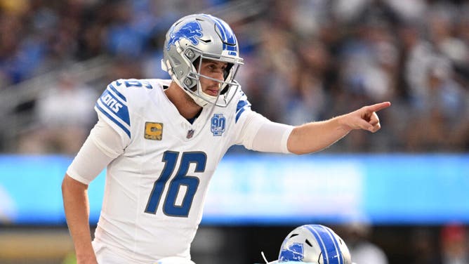 Detroit Lions QB Jared Goff gestures at the line of scrimmage vs. the Chargers at SoFi Stadium in Los Angeles.