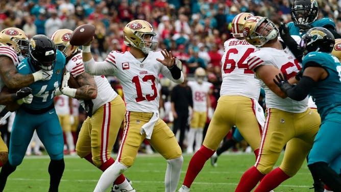 San Francisco 49ers QB Brock Purdy throwing from the pocket vs. the Jaguars at EverBank Stadium in Jacksonville, Florida.