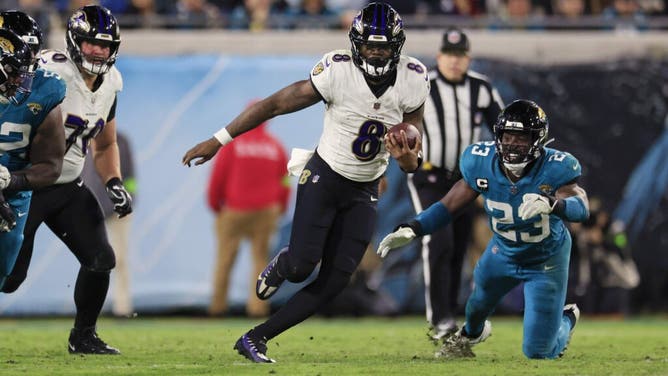 Baltimore Ravens QB Lamar Jackson scrambles against the Jacksonville Jaguars at EverBank Stadium in Florida.
