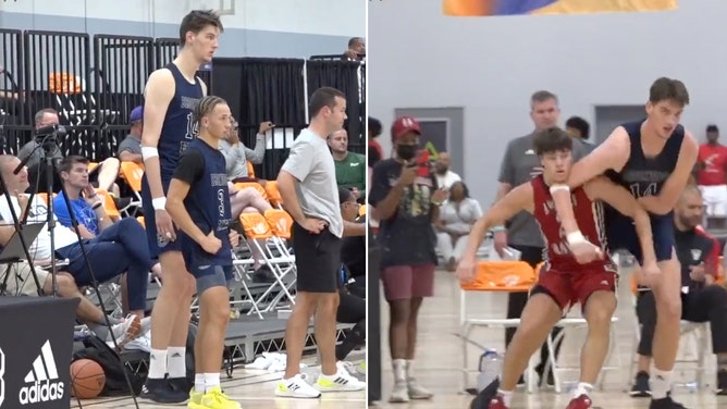 Worlds tallest teenager Olivier Rioux playing basketball