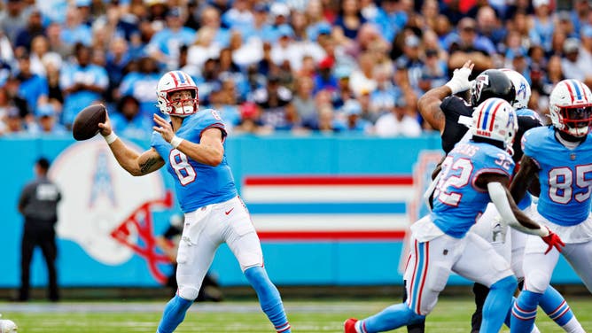 Titans QB Will Levis throws against the Atlanta Falcons at Nissan Stadium in Nashville, Tennessee.