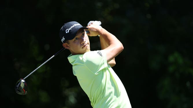 Collin Morikawa plays his shot from the 6th tee during the 1st round of the Charles Schwab Challenge at Colonial Country Club.