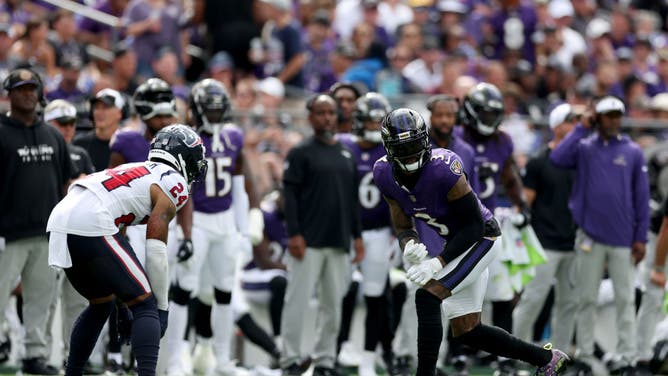 Baltimore Ravens WR Odell Beckham Jr. lines up against Houston Texans Derek Stingley Jr. in NFL Week 1 at M&T Bank Stadium.