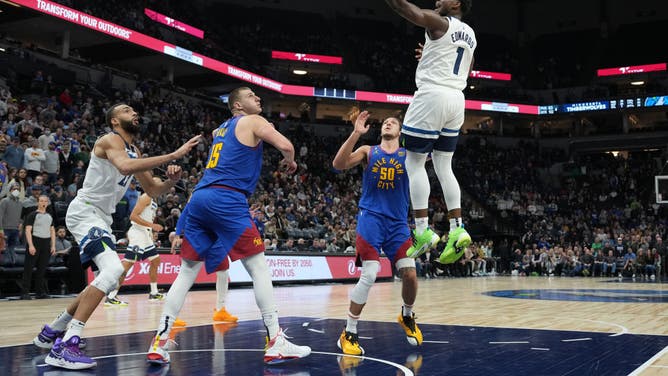 Timberwolves wing Anthony Edwards attacks the hoop vs. the Nuggets at Target Center in Minneapolis, Minnesota.