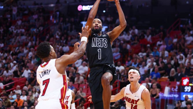 Brooklyn Nets wing Mikal Bridges goes for a layup vs. the Heat at Kaseya Center in Miami.