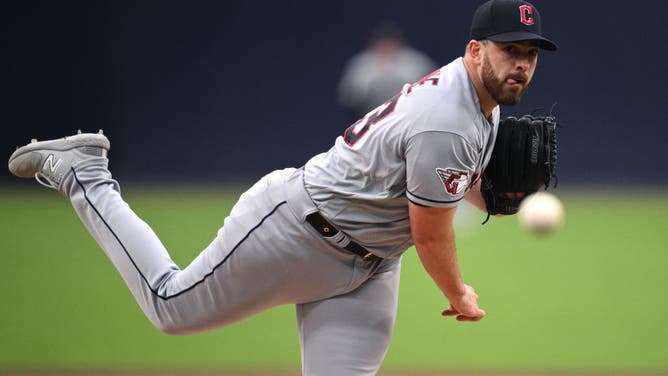 Guardians RHP Aaron Civale throws a pitch vs. the Padres at PETCO Park in San Diego.