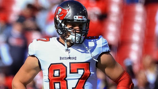 Rob Gronkowski, #87 of the Tampa Bay Buccaneers, looks on before the game against the Los Angeles Rams in the NFC Divisional Playoff game at Raymond James Stadium on Jan. 23, 2022 in Tampa, Florida.