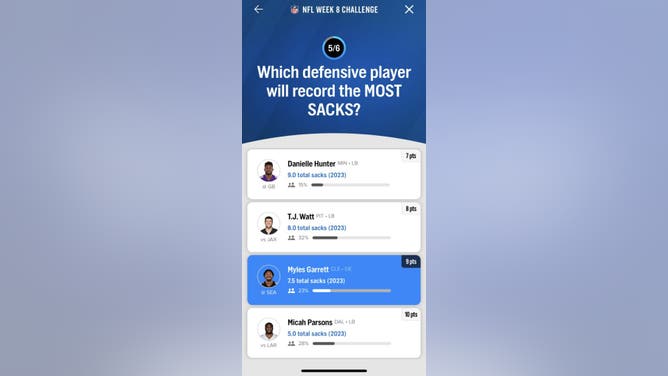 Question #5 in the FOX Super 6 NFL contest for Week 8 courtesy of the FOX Sports App.