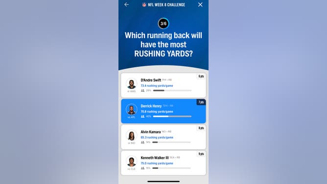 Question #3 in the FOX Super 6 NFL contest for Week 8 courtesy of the FOX Sports App.