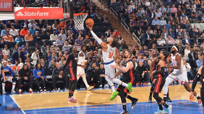 Knicks PG Jalen Brunson attacks to the rim during Game Five of the Eastern Conference Semifinals at Madison Square Garden.