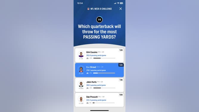 Question #1 in the FOX Super 6 NFL contest for Week 8 courtesy of the FOX Sports App.