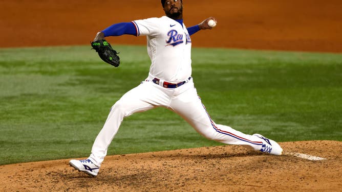 Rangers closer Aroldis Chapman pitches vs. the Houston Astros at Globe Life Field in Arlington, Texas.