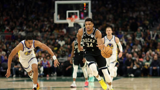 Milwaukee Bucks' Giannis Antetokounmpo speeds up the court against the Golden State Warriors at Fiserv Forum in Milwaukee, Wisconsin.
