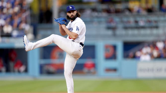 Dodgers RHP Tony Gonsolin throws a pitch during vs. the Philadelphia Phillies at Dodger Stadium in Los Angeles.