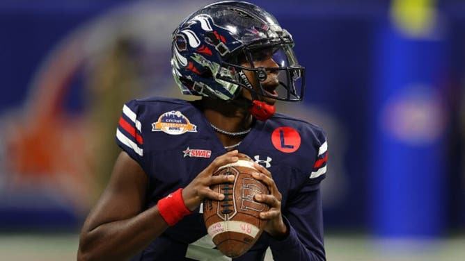 Shedeur Sanders of the Jackson State Tigers warms up prior to a game coached by his father Deion Sanders. Shedeur will now rep Tom Brady brand apparel.