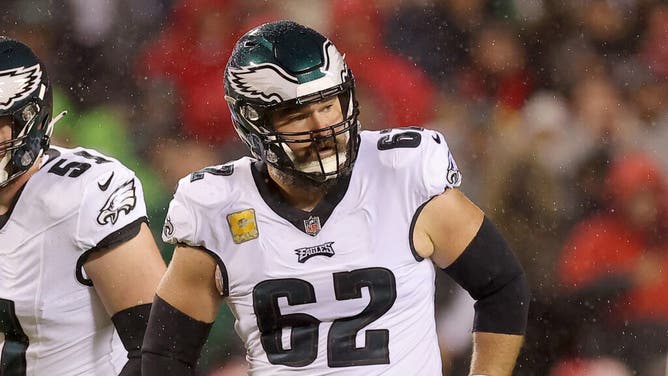 Jason Kelce of the Philadelphia Eagles lines up against the Kansas City Chiefs.