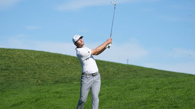 Nicolai Hojgaard hits out of the rough during the 2024 Farmers Insurance Open at Torrey Pines in San Diego. (Ray Acevedo-USA TODAY Sports)